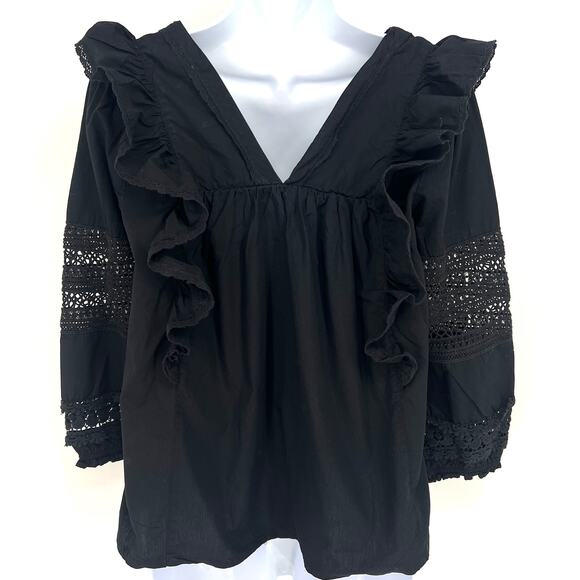 Anthropologie Black Double V Neck Ruffle Eyelet Peasant Boho Top Size XS - Picture 3 of 10